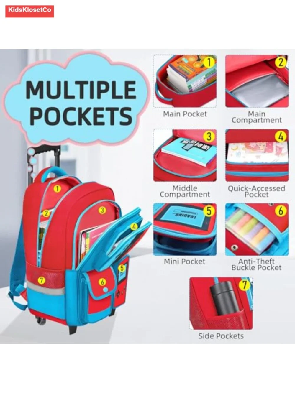 Rolling Backpack for Boys with Wheels Kids Wheeled Travel Bookbag Lightweight